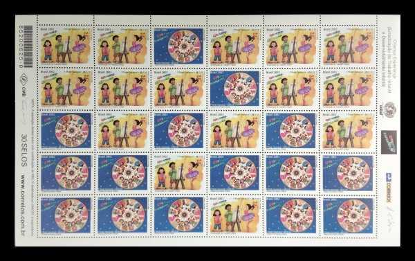 Folha de selos Brasil 2002, tema Criança Esperança e Erradicação do Trabalho Infantil, selos novos sem carimbo.