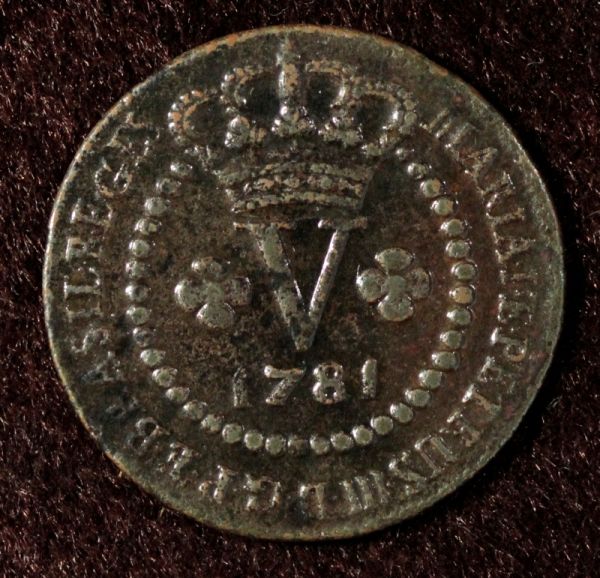 Moeda de cobre Brasil, V reis 1781, apresenta um pequen