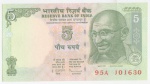 Cédula da Índia com imagem de Gandhi, 5 rúpias, 95A J0J630. Sem circulação