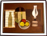 CARLOS  SCLIAR.  objetos e frutas no prato  - vinil e colagem sobre tela med 55 X75cm ass. no verso