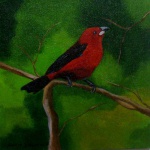 Sergio Spencer - quadro óleo sobre tela 30cm diâmetro , pássaro Tié com moldura