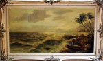 Autor não identificado - quadro antigo assinado, 60x110cm moldura da época, óleo sobre tela, belíssima marinha