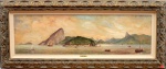 RUSE MUNIZ DA COSTA E SILVA- "Vista da entrada da baía de Guanabara com destaque para o Pão de Açúcar e Corcovado", óleo sobre tela, 28 x 98 cm. Moldura de madeira dourada medindo 50 x 119 cm.