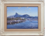 JOSÉ BENIGNO RIBEIRO- "Iate Clube e Corcovado - Rio de Janeiro", óleo sobre tela, 70 x 100 cm. Datado de 2008. Moldura medindo 109 x 140 cm.