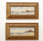 RUSE MUNIZ DA COSTA E SILVA (pendant)- "Praia do Leblon" e "Baia da Guanabara", óleo sobre tela, 33 x 12 cm cada. Moldura medindo 43 x 22,5 cm cada.