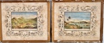 Duas gravuras coloridas "Morro do Castelo e Praia da Ajuda". Medida com moldura  28 x 33 cm. Desgaste.