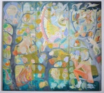 NANA VIEGO - 1981 - Tríptico  - Animais Fantásticos, pintura sobre madeira. Medindo 190 x 210 cm.