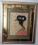 Quadro Japonês em folha de arroz com pintura em nanquin e aquarela - assinado - Mede com moldura: 48 x 56 cm