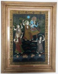 Quadro Tailândes representando possível adoração a Deusas Asiáticas pintadas em papel cartão. Mede com moldura : 66 x 83 cm