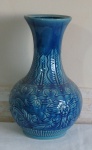 Vaso cerâmica vitrificada azul, arte em florais. Alt 39cm