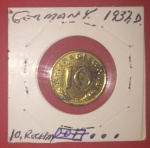 Moeda, valor de 10 Reiche Pfennig, ano de 1937, D. Germany, Bronze Aluminio