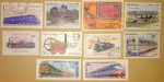 Filatelia, 10 selos de trens, vários países, Congo, Nicaragua, Polonia, Rússia