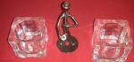 Arte popular, 2 Porta Trecos de resina + pequena escultura de metal em forma de Saxofonista