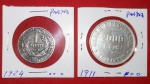 2 Moedas, 2000 Réis, ano de 1911 e 2000 Réis, ano de 1924, material Prata