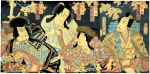 Yoshu Chikanobu (1838-1912),"Sem título", Ukioy-e -  impressão sobre papel. Sem Tiragem - exemplar identificado . Assinado. Datado 1881. Med.??  x ?? cm(a obra). Não possui moldura. Presença de pontos de acidez. Marcas do tempo. Perdas de substância. No estado. Coleção Particular Rio de Janeiro/RJ.Nota : produzida após a década de 1860,  após a transição do poder dos samurais ao Imperador Meiji, oferecem um panorama da sociedade, da cultura e das tradições do Japão em estampas multicoloridas, de minuciosa realização artística.