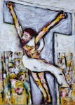 Benjamin Silva (Juazeiro, Ceará, 1927),"Cristo Crucificado". Óleo com técnica mista sobre papel .Assinado e datado LXI (1961). Marcas do tempo. No estado. 32,5 x 23,5 cm (obra); 46 x  36 cm(moldura). Coleção Particular  - Rio de Janeiro/RJ.