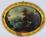 Escola Italiana, Sem assinatura aparente, "Sem título". óleo sobre tela coladas sobre eucatex. Atribuíveis a escola Italiana do Séc  XVIII. Representando cena mitológica com paisagem ao fundo. obra de alta qualidade pictórica. Moldura oval de época revestida por ouro brunido. Marcas do tempo. sujicidade sobre a camada pictórica. No estado. Med.30  x 39 cm (a obra); 39 x 48 cm (a moldura).Obra faz parte  de "Set" composto por quatro preciosas pinturas que contam uma estória mitológica.