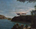 Oscar Niemeyer - "Paisagem de Niteroi". Óleo sobre tela, assinado no C.I.D. Obra med. 40x50cm. Apresenta craquelê, marcas do tempo.  Possivelmente atribuído.