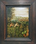 Hendrik Van Balen (Antuérpia 1575 - Antuérpia, 1632) 'FAUNO E NINFA' (Atribuído). o.s.m., assinado com monograma no c.i.d., Med. 36 x 26 cm. Antiga moldura em carvalho. Pequenas perdas da velatura e pigmentos.