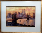NEW YORK, Ponte de Manhattan com Torres Gêmeas, aquarela, 28 x 40cm, assinatura não decifrada. Belíssimo trabalho iconográfico de NY.