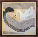 Kazuq - Figura feminina com ave, óleo sobre tela, ACID, medida total com moldura, aprox. 88 x 88 cm