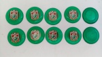 Jogo Futebol Botão / Mesa, FLUMINENSE, 10 unidades; aprox. 4cm, conforme mostra as fotos, falta alguns escudos, com marcas do tempo