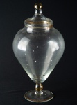 Antigo baleiro em cristal europeu dos anos 50 decorado com gotas esmaltadas na cor branca e resquícios de douração. med. 33 x 18 cm.