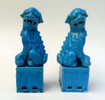 Par de cães de Fó de ceramica esmaltada azul turquesa. altura 26cm