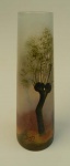 LEGRAS - Floreiro em vidro artístico,em formato cilíndrico, decorado com árvores, assinado.apresenta trinca na base. altura 27cm e diâmetro 9cm