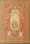 Tapeçaria de lã, com dois querubins em cena de côrte, cercados de guirlandas e flores. França , sec XX - medidas 1,85cm x 1,36cm