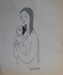 Fulvio Pennacchi, Maternidade, nanquim sobre papel, medidas 13x11cm, assinada cid, com moldura.