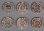 Seis moedas de 2.000 réis em prata - Anos 1852, 1857, 1853 e 1851.  