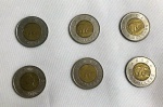 Seis moedas de doze dolar canadense , anos 1996,2000,1997 e 2006.