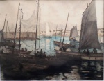 GEORGES MAUDEMOUK, Barcos e pescadores, gravura em metal aquarelada, 30x39cm, assinado. Escola francesa, catalogado internacionalmente.