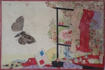 MESA DE CHÁ COM KIMONOS, xilogravura japonesa "UKIYO-E", 23 x 34cm, assinada, séc. XVII. Por serem muito antigas, são vendidas no estado, sem moldura.