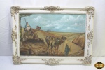 Antigo quadro óleo sobre tela de beduínos com moldura em madeira com patina ouro, assinatura não identificada. Medindo a moldura 82cm x 59cm e a tela 66cm x 42cm.