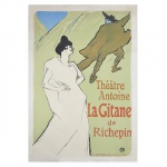 TOULOUSE LAUTREC - LItogravura colorida do cartaz do Theatre Antoine La Gitane de Richepin. Assinada com monograma no c.i.e. Med. 70,5 x 51 cm