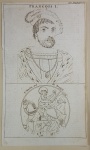 Gravura francesa em ponta seca com retrato do Rei FRANÇOIS I na porção superior e na parte inferior representação de San Martin e o Mendigo. Autêntica, datada de 1784 no C.S.D. Autor não identificado. Emoldurado. Med. 20 x 12 cm