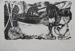 Hansen Bahia - xilogravura original, "Cena de Pesca" Prova de cor (experimento Branco e preto - anotação do artista), assinada e datada de 1958, medindo: 29 cm x 42 cm. Obra sem moldura.