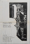 Convite de exposição de Hansen Bahia (1962) - Holzschnitte Und Illustrierte Bücher (xilogravuras e livro ilustrado), com texto em alemão manuscrito e assinado pelo Hansen Bahia.