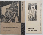 Dois folhetos de Hansen Bahia, da década de 50, sendo: Convite de exposição no Museu de Arte Moderna de São Paulo - Xilografias 1949 - 1954 e Hansen na opinião da Critica do País e no Mundo.