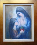 J. Bezerra - Óleo sobre tela colado em eucatex, "Mãe e filha", medindo: 32 cm x 40 cm. Obra com excelente moldura: 52 cm x 45 cm.