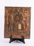 ÍCONE RUSSO - "Cristo Pantocrator", pintura sobre madeira com acabamentos em cobre do Séc. XIX. Med.: 31,5 x 26 cm.