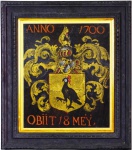 BRASÃO ANNO 1700 OBIIT. 18 MEY. Original em pergaminho de época aquarelado e emoldurado, século XVIII. Med. 49 x 41 cm.