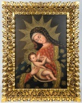 ESCOLA CUSQUENHA - "Nossa Senhora amamentando Menino Jesus", O,S,T,, ricamente emoldurado. Med.: 95 x 74 cm ( com moldura), 70 x 50 cm (tela)