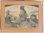 SEM ASSINATURA - Belíssima gravura europeia art nouveau, c. 1900, aquarelada a mão, representando "damas". Med.: 27 x 38 cm.