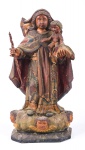 ARTE NAIF - SACRA - Imagem em bloco de madeira representando Nossa Senhora da Conceição  policromada com resquícios dourados, Medida: 31 cm x 16 cm