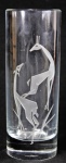 SÉVRES - FRANÇA - Vaso em cristal francês em formato cilíndrico decorado  em satinê por cenas de animais em baixo relevo. Peça assinada em sua base. Selada " Sévres - France". Medida:  26 cm de altura x 10 cm