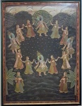 ARTE INDIANA - Grande pintura sobre seda ciranda de Khishna e deidades. Med. 123 x 93 cm. Emoldurada.