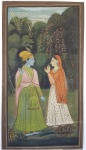 ARTE INDIANA - Grande e antiga pintura indiana sobre seda repres. KHRISNA E SUA CONSORTE.  Emoldurada. Med. 144 x 81 cm.